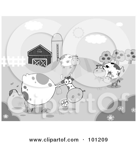 Royalty-Free (RF) Clipart Illustration of Grayscale Grazing Cattle Near A Barn And Silo by Hit Toon
