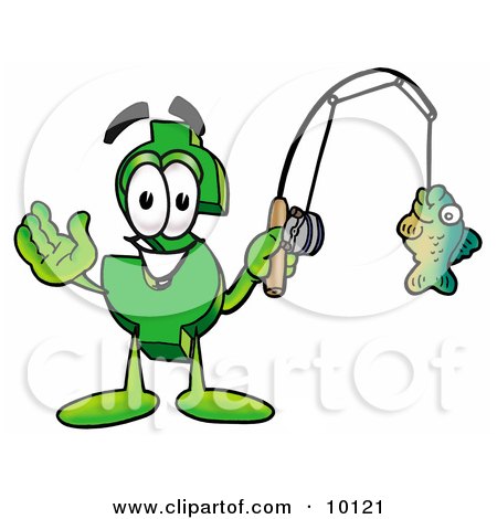 Clipart Picture of a Dollar Sign Mascot Cartoon Character Holding a Fish on a Fishing Pole by Mascot Junction