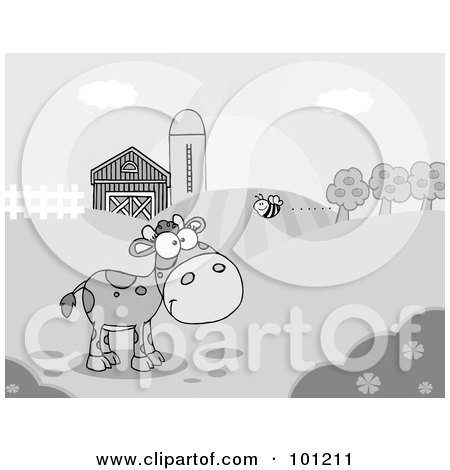 Royalty-Free (RF) Clipart Illustration of a Grayscale Bee Flying Towards A Lone Young Cow In A Pasture by Hit Toon
