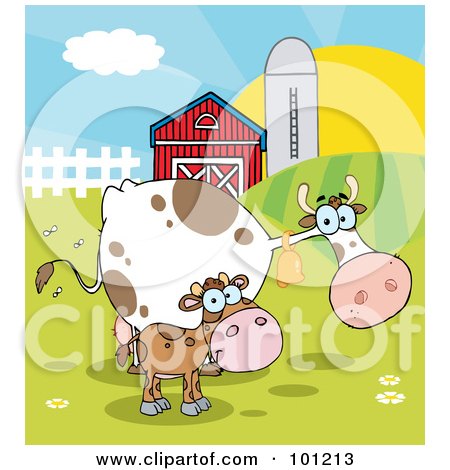 Royalty-Free (RF) Clipart Illustration of a Calf And Cow In A Pasture Near A Barn And Silo At Sunrise by Hit Toon