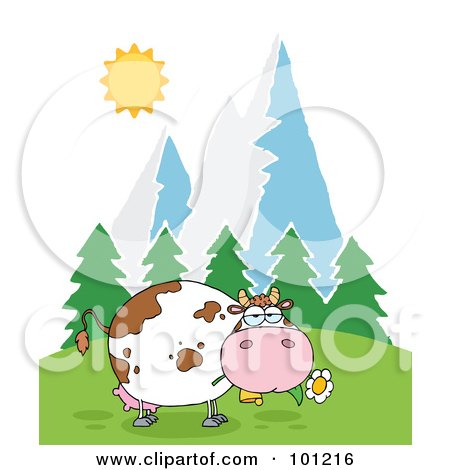 Royalty-Free (RF) Clipart Illustration of a Fat Cow Eating Flowers Near Mountains And Woods by Hit Toon
