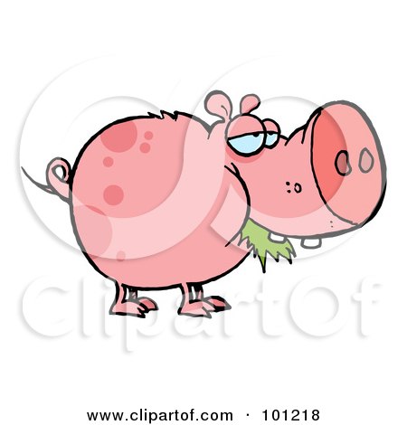 Royalty-Free (RF) Clipart Illustration of a Chubby Spotted Pink Pig Munching On Grass by Hit Toon
