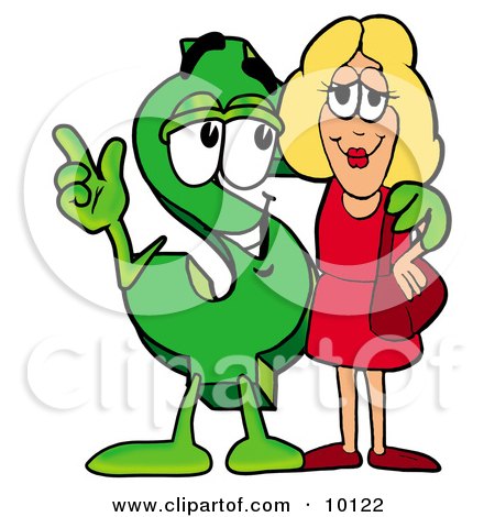Clipart Picture of a Dollar Sign Mascot Cartoon Character Talking to a Pretty Blond Woman by Mascot Junction