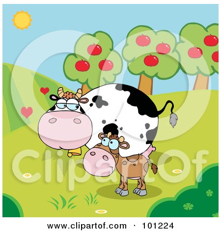 Royalty-Free (RF) Clipart Illustration of a Baby And Mommy Cow In A Pasture Near An Orchard by Hit Toon