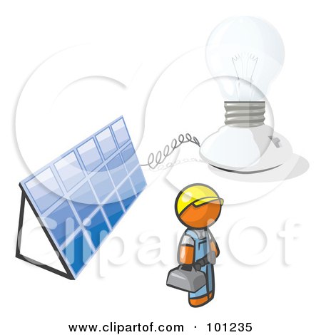 Royalty-Free (RF) Clipart Illustration of an Orange Man By A Light And A Solar Panel by Leo Blanchette