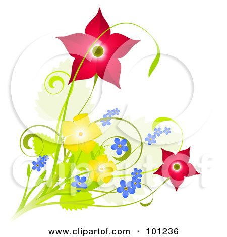 Royalty-Free (RF) Clipart Illustration of a Design Of Red, Blue And Yellow Spring Flowers by Oligo