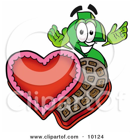 Clipart Picture of a Dollar Sign Mascot Cartoon Character With an Open Box of Valentines Day Chocolate Candies by Mascot Junction