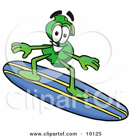 Clipart Picture of a Dollar Sign Mascot Cartoon Character Surfing on a Blue and Yellow Surfboard by Mascot Junction