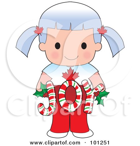 Royalty-Free (RF) Clipart Illustration of a Cute Canadian Girl Holding Joy Christmas Candy Canes by Maria Bell