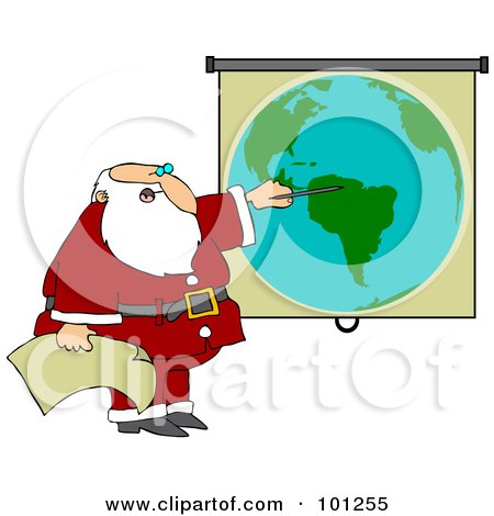 Royalty-Free (RF) Clipart Illustration of Santa Pointing To A World Map While Discussing Christmas Deliveries by djart