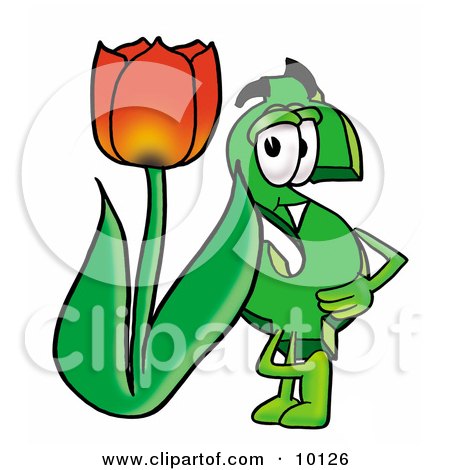 Clipart Picture of a Dollar Sign Mascot Cartoon Character With a Red Tulip Flower in the Spring by Mascot Junction