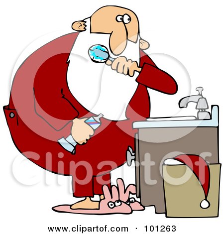 Royalty-Free (RF) Clipart Illustration of Santa Brushing His Teeth Over A Sink, Bunny Slippers On His Feet by djart