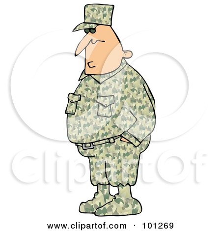 Royalty-Free (RF) Clipart Illustration of an Army Man In A Camouflage Uniform, Hid Hands In His Pockets by djart