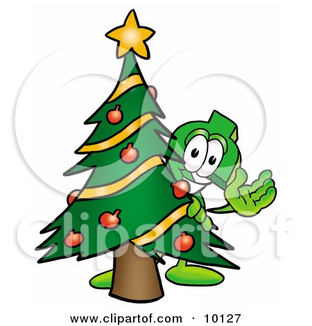 Clipart Picture of a Dollar Sign Mascot Cartoon Character Waving and Standing by a Decorated Christmas Tree by Mascot Junction