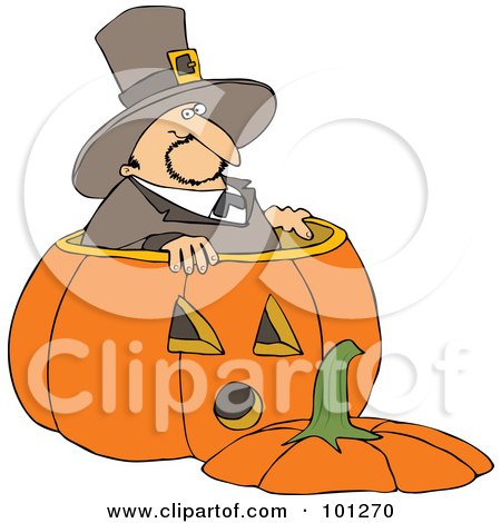 Royalty-Free (RF) Clipart Illustration of a Thanksgiving Pilgrim Standing In A Giant Pumpkin by djart