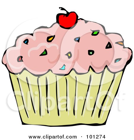 Royalty-Free (RF) Clipart Illustration of a Strawberry Frosted Cupcake With Sprinkles And A Cherry by djart