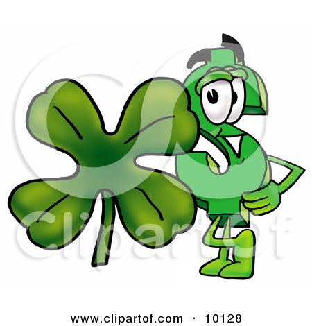 Clipart Picture of a Dollar Sign Mascot Cartoon Character With a Green Four Leaf Clover on St Paddy's or St Patricks Day by Mascot Junction
