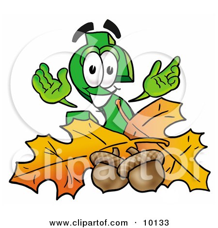 Clipart Picture of a Dollar Sign Mascot Cartoon Character With Autumn Leaves and Acorns in the Fall by Mascot Junction