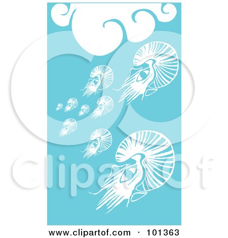 Royalty-Free (RF) Clipart Illustration of A Group Of Squid In The Blue Sea Under White Waves by xunantunich
