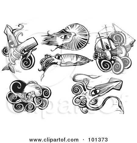 Royalty-Free (RF) Clipart Illustration of a Digital Collage Of Six Engraved Styled Squids by xunantunich