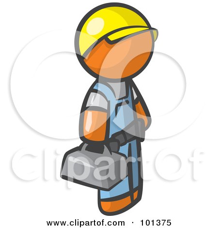 Royalty-Free (RF) Clipart Illustration of an Orange Man Blue Collar Worker Wearing A Hardhat And Carrying A Tool Box by Leo Blanchette