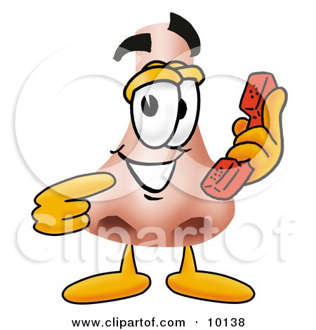 Clipart Picture of a Nose Mascot Cartoon Character Holding a Telephone by Mascot Junction