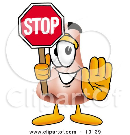 Clipart Picture of a Nose Mascot Cartoon Character Holding a Stop Sign by Mascot Junction