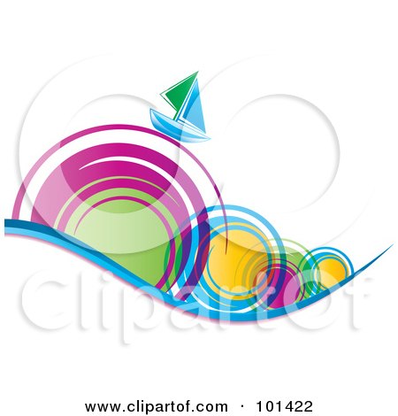 Royalty-Free (RF) Clipart Illustration of a Green And Blue Sailboat On Colorful Spiral Waves by MilsiArt