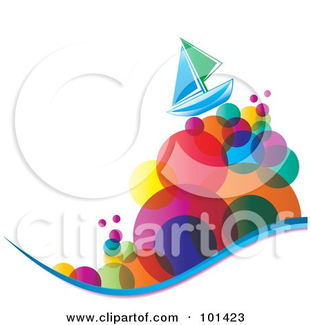 Royalty-Free (RF) Clipart Illustration of a Green And Blue Sailboat On Colorful Bubble Waves by MilsiArt