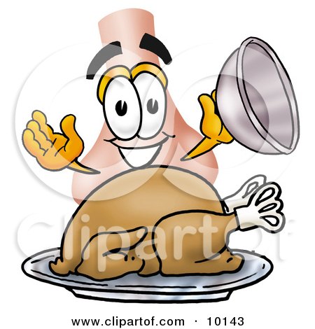 Clipart Picture of a Nose Mascot Cartoon Character Serving a Thanksgiving Turkey on a Platter by Mascot Junction