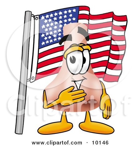 Clipart Picture of a Nose Mascot Cartoon Character Pledging Allegiance to an American Flag by Mascot Junction