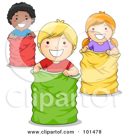 Royalty-Free (RF) Clipart Illustration of a Black Boy, White Boy And White Girl Playing In A Sack Race by BNP Design Studio