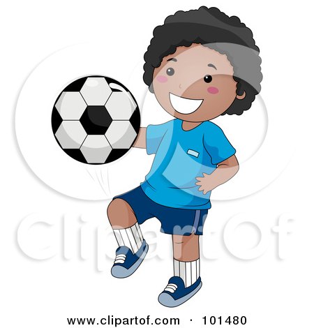 Royalty-Free (RF) Clipart Illustration of a Happy Black Boy Kicking A Soccer Ball With His Knee by BNP Design Studio