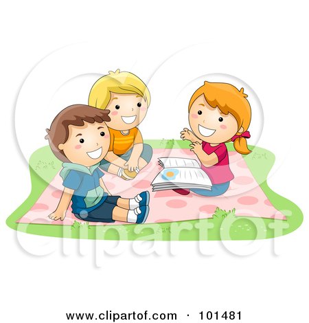 Royalty-Free (RF) Clipart Illustration of a Girl And Two Boys Sitting On A Blanket And Telling Stories by BNP Design Studio