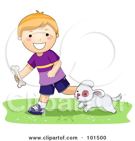 Royalty-Free (RF) Clipart Illustration of a Happy Red Haired Boy Tossing A Bone For His Puppy by BNP Design Studio