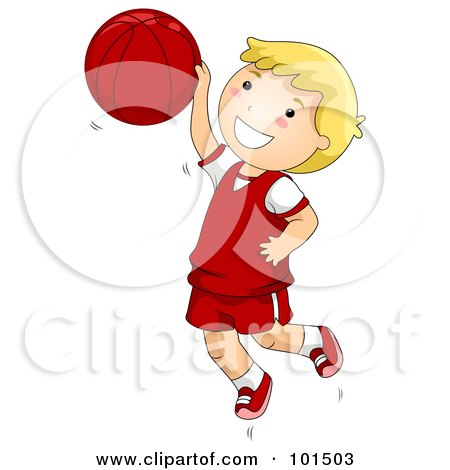 Royalty-Free (RF) Clipart Illustration of a Happy Blond Boy Jumping While Playing Basketball by BNP Design Studio