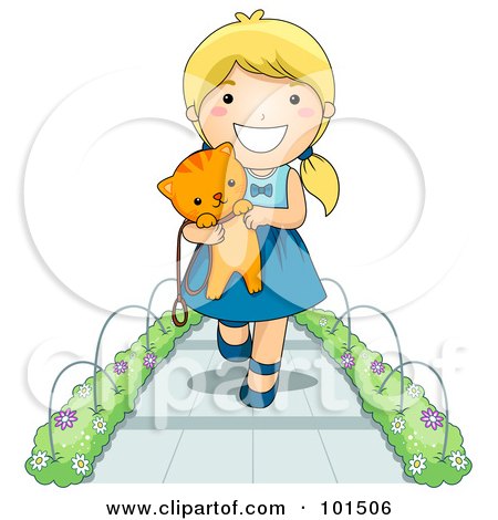 Royalty-Free (RF) Clipart Illustration of a Happy Blond Girl Walking On A Sidewalk And Carrying A Kitten by BNP Design Studio