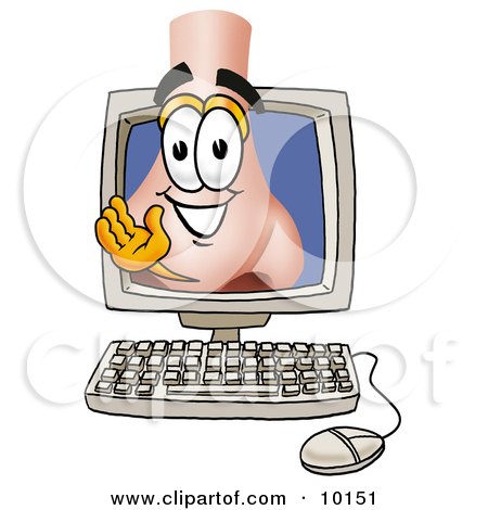 Clipart Picture of a Nose Mascot Cartoon Character Waving From Inside a Computer Screen by Mascot Junction