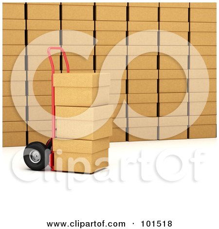Royalty-Free (RF) Clipart Illustration of a 3d Red Hand Truck Loaded With Boxes In A Shipping Warehouse by stockillustrations