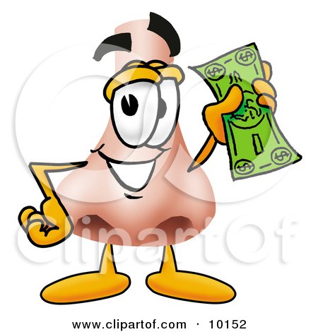 Clipart Picture of a Nose Mascot Cartoon Character Holding a Dollar Bill by Mascot Junction