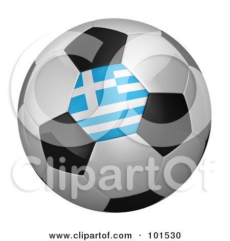 Royalty-Free (RF) Clipart Illustration of a 3d Greece Flag On A Traditional Soccer Ball by stockillustrations