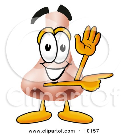 Clipart Picture of a Nose Mascot Cartoon Character Waving and Pointing by Mascot Junction