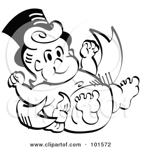 Royalty-Free (RF) Clipart Illustration of a Black And White New Year Baby Leaning Against A Banner by Andy Nortnik