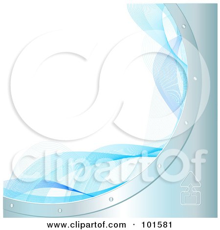 Royalty-Free (RF) Clipart Illustration of a Curved White Background Bordered In Metal And Blue Mesh Waves With An Upload Icon by Pushkin