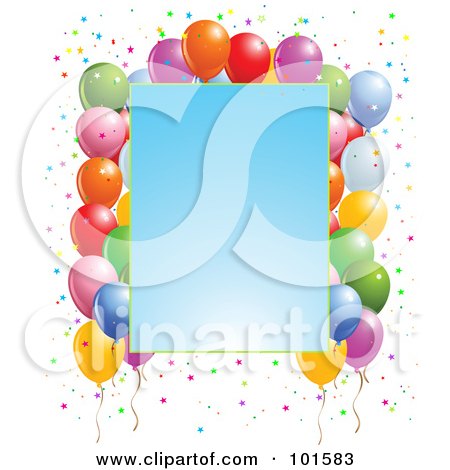 Royalty-Free (RF) Clipart Illustration of a Gradient Blue Party Sign Bordered With Confetti And Party Balloons by Pushkin