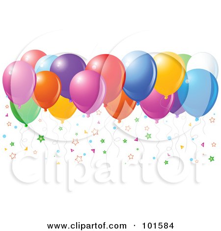 Royalty-Free (RF) Clipart Illustration of Colorful Star Confetti And Floating Party Balloons by Pushkin