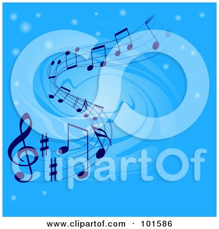 Royalty-Free (RF) Clipart Illustration of a Blue Swirl Background With Glowing Orbs And Music Notes by Pushkin