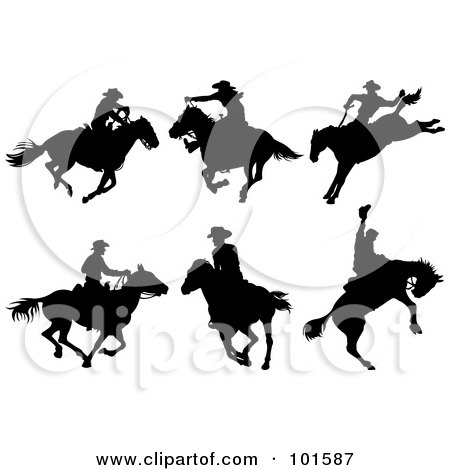 Royalty-Free (RF) Clipart Illustration of a Digital Collage Of Six Cowboy On Horseback Silhouettes by Pushkin