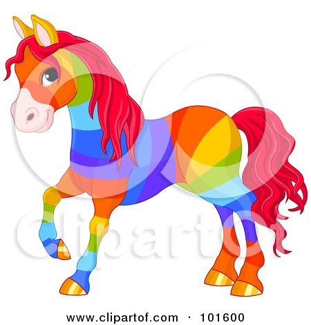 Royalty-Free (RF) Clipart Illustration of a Rainbow Colored Horse With Golden Hooves And Red Hair by Pushkin