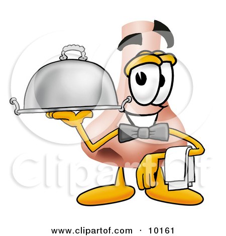 Clipart Picture of a Nose Mascot Cartoon Character Dressed as a Waiter and Holding a Serving Platter by Mascot Junction